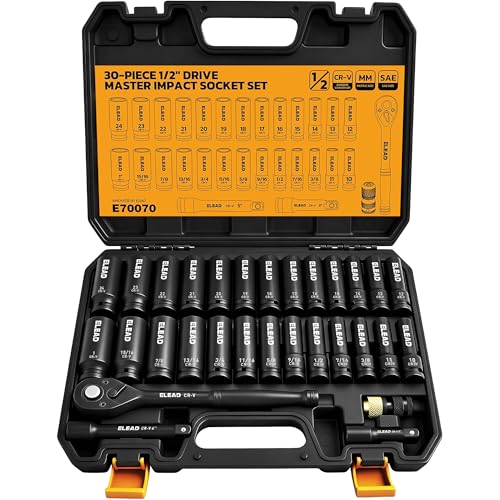 ELEAD 1/2 Drive Deep Impact Socket Set: 30-Piece Standard SAE (3/8 to 1 Inch) and Metric (10-24mm) Size 3 and 5 Drive Extension Bar Ratchet Handle Bit Adapter CR-V Steel for Auto Repair