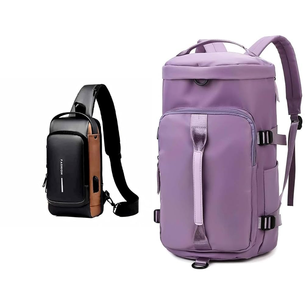Sling Bag For Man Women Waterproof Slim Unisex Crossbody Sling Bag with USB + 44L Polyester Gym Duffel Shoulder Bag for Women Men for Sports, Waterproof Dufflebag with Shoe-image-27