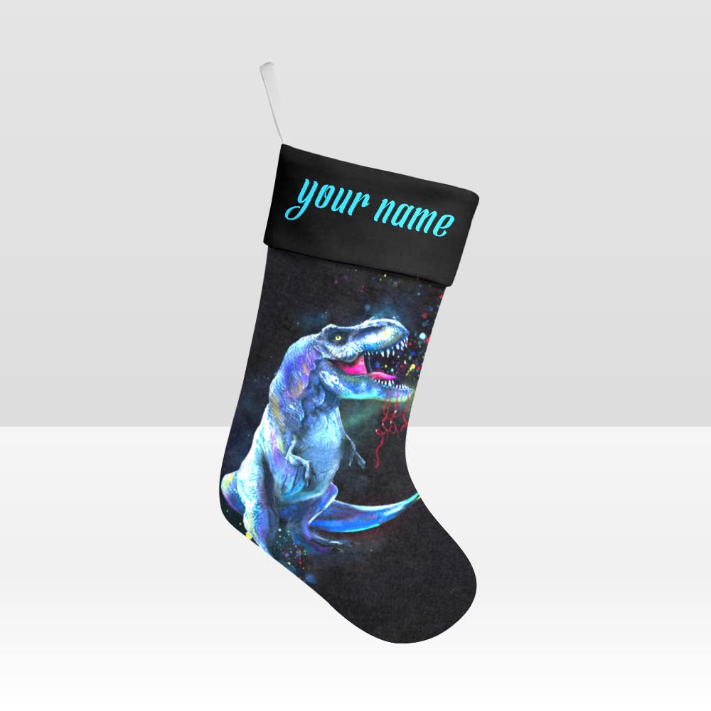 XIUCOO Custom Christmas Stockings with Name Personalized Xmas Festive Gift Decor 17.52 x 7.87 Inch Dinosaur Rex Rainbow