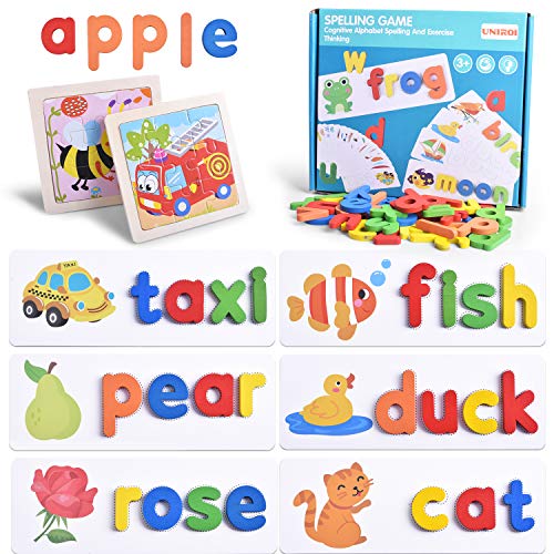 UNIROI Juguete Educativos Abecedario, Juguetes de Ortografía y Aprendizaje ABC, Bloques de Letras a Juego de Cartón de Madera para Niños Desarrollo Intelectual y Educativo de Ortografía - UD035