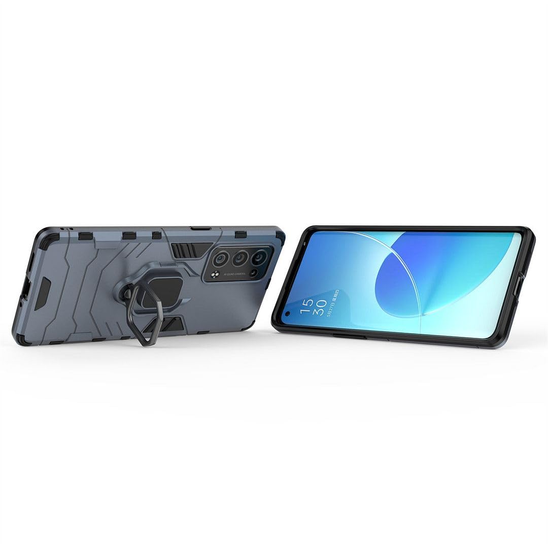 SATURCASE Custodia Ibrida Per OPPO Reno 6 5G - 2 In 1 (PC + Silicone) Con Anello Metallico E Supporto Magnetico - Protezione Antiurto (Blu Navy) - 2