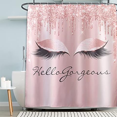 Hello Gorgeous Shower Curtain for Bathroom, Long Eyelash Rose Gold Drips Modern Women Fabric Bath Curtain Machine Wash 72" W x 72" L Cover