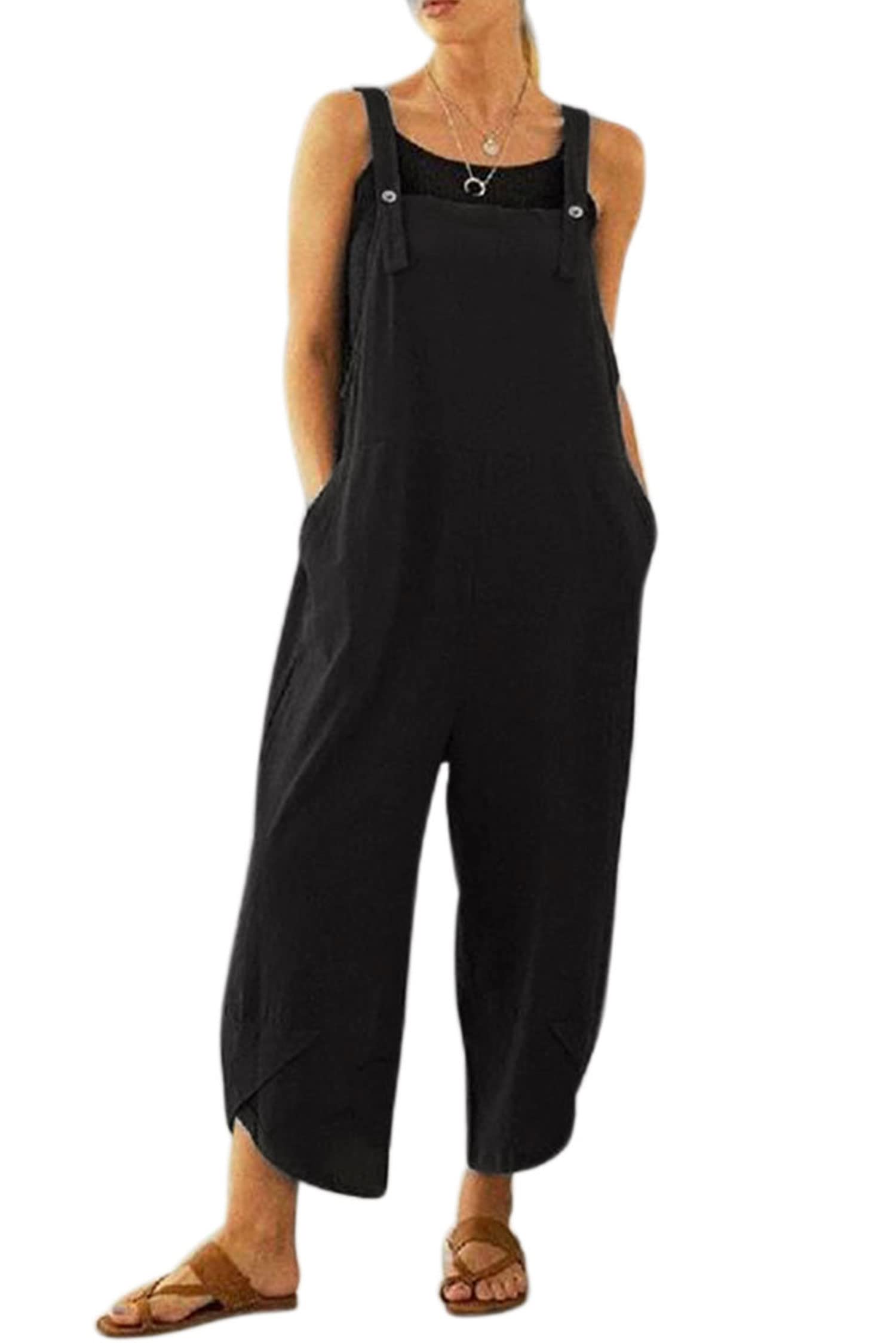 VEVESMUNDO Peto de verano para mujer, holgado, de algodón, largo, elegante, retro, holgado, con piernas anchas, mono, con bolsillos, 34, 36, 38, 40, 42, 44, 46, 48, 50