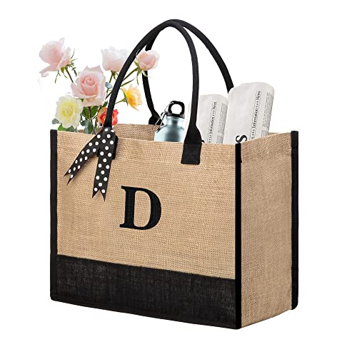 BeeGreen Personalized Gift Bag for Women Beach Tote Jute Birthday Gifts Bag for Friends Mother Large Initial Totes Bags for Bridal Shower Unique Bridesmaid Gifts D