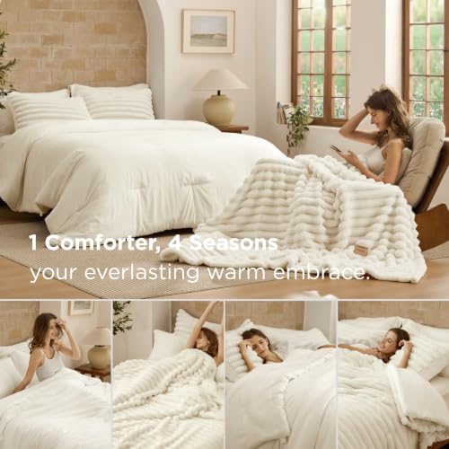 Image of Bedsure Gentlesoft 2-in-1 King Size Comforter Set and Detachable Fluffy Blanket, Cream White Bedding Set For All Season Use, Detachable Design for Space Saving (Includes 2 Pillow Shams, 2 Pillowcases)