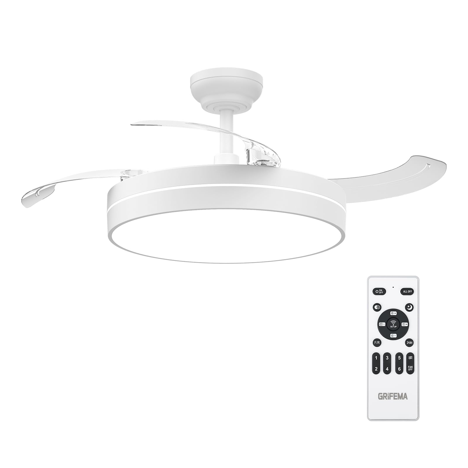 GRIFEMA Ceiling Fan with Light and Remote Control, Silent Retractable Ceiling Fan with DC Motor 30W, 6 Speeds, Brightness and Color Stepless Dimmable, Memory, 107 cm GD105