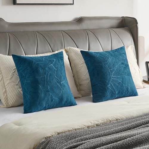 Image of FUTEI Pack of 2 Velvet Throw Pillow Covers 12x20 Inch Soft Embossed Leaf-Relief Textured Decorative Lumbar Pillowcases Modern Natural Farmhouse Accent for Couch Bed Living Room, Navy Blue