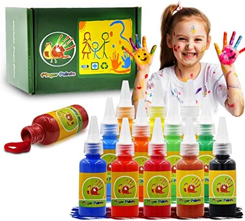 Happlee Washable Finger Paint for Kids, Non-Toxic Finger Paints Set for Toddlers Kids Finger Paints for Art, School Painting Supplies (12 Colors X 1 Fl Oz)