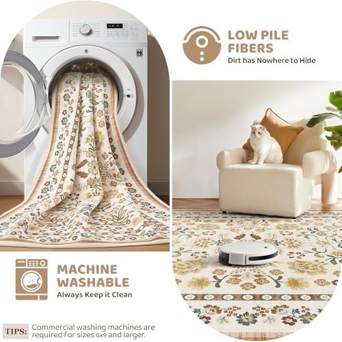 5x7 Area Rug Living Room Rugs Thickened - Washable Boho Vintage Floral Large Soft Non Slip Thin Rug Low Pile Carpet for Bedroom Dining Room Kids Playroom Office Decor Indoor - Brown