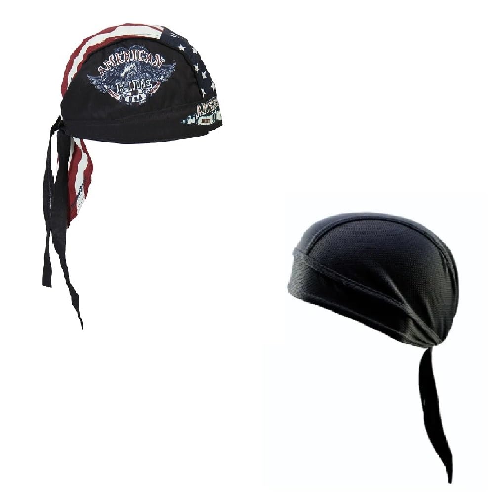 Generic Lot or Set of 2 Patriotic American Ride Eagle with Flag and Solid Black Moisture Wicking Headwrap
