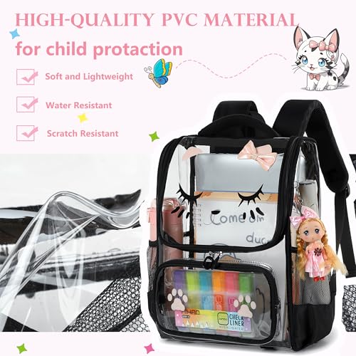 AO ALI VICTORY Girls Backpacks with Tote Bag Heavy Duty PVC Transparent Cute Backpack for Kids Toddler Girls Preschool Bookbags Elementary School Bags See Through Casual Travel Daypack, Black Set3