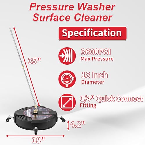 Image of Tool Daily 18 inch Surface Cleaner for Pressure Washer with 4 Wheels, 2 Extension Wands, Power Washer Surface Cleaner for Driveway, Sidewalk, Concrete, Patio Cleaning, 3600 PSI