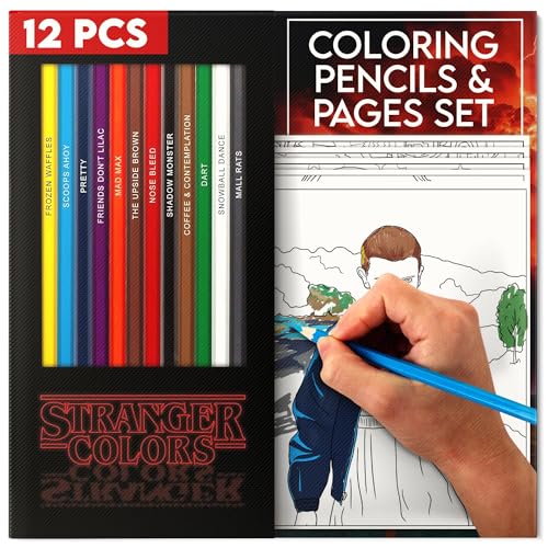 Pun Labs Stranger Colors-Inspired Colored Pencils Set of 12 with 10 Fun Coloring Pages – Soft Core Drawing Pencils for Adults & Teens, Ideal for Art Supplies, Office Supplies & Stranger Things Fans