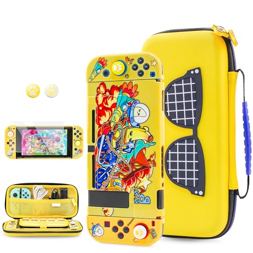 FUNDIARY Yellow Carrying Case for Nintendo Switch with Fortnite Design, Shockproof Accessories Bundle for Switch Console with Slim Travel Case, Dockable Protective Skin, Screen Protector & 2 Thumb Cap