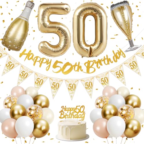 50th Birthday Decorations, Happy 50th Birthday Banner, 40 inches 50 Foil Balloons, Champagne Golden Bottle and Glass, Gold, Pink, White and Confetti Balloons, 50th Party Decorations for Women