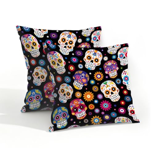 Mexpekil Lot de 2 housses de coussin imperméables pour extérieur, motif tête de mort mexicaine, fleurs - 45 x 45 cm