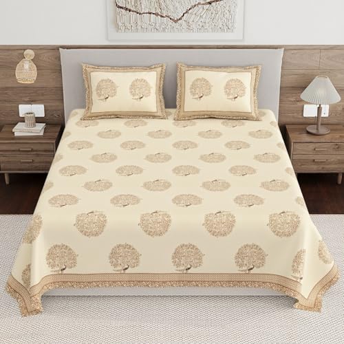Image of Living Roots Ethnic Jaipur Block Print Double Cotton Bedsheet & 2 Pillow Covers, for Mattress Upto 6 inches Thick, No Colour Bleeding, Earth Brown Colour, King Size 90 * 108 inches, 120TC (605-B)