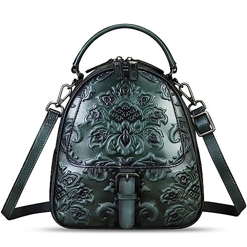 Image of Genuine Leather Satchel for Women Purse Embossed Crossbody Handbag Top Handle Bags Handmade Convertible Backpack Knapsack | Embossed
