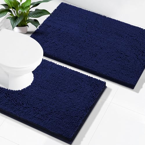 Image of Smiry Bathroom Rugs Set 2 Piece, Soft Absorbent Chenille Bath Mat and U-Shaped Toilet Rug Set, Non Slip Shaggy Bath Carpet for Tub, Shower and Floor (24x16+24x20, Navy Blue)