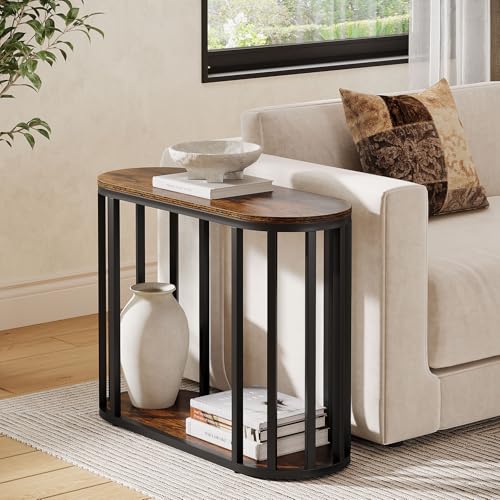 Tribesigns Narrow End Table with Storage, 2-Tier Industrial Side Table with Black Metal Frames, Small Nightstand Bedside Table for Living Room, Bedroom, Rustic Brown, 31.5'D x 11.81'W x 23.62'H (1)