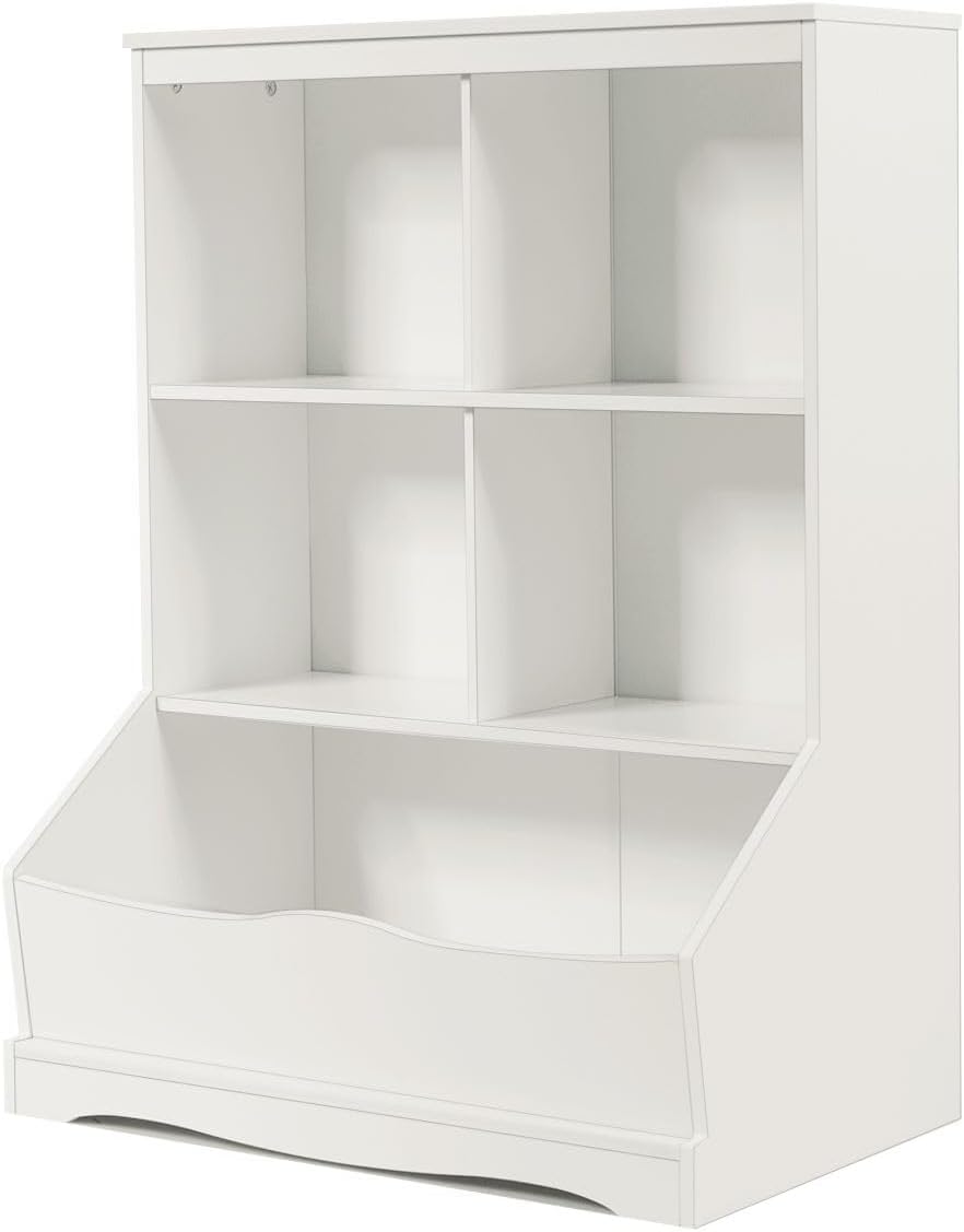 Maxmass Kids Toy Organizer, Wooden Children Bookcase with Shelves and Compartments, Free Standing Toddlers Storage Unit for Study, Playroom, Bedroom, Kindergarten (White)