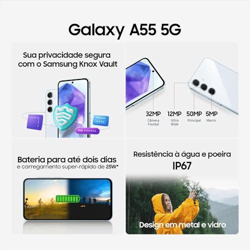 Samsung Galaxy A55 5G, Câmera Tripla Traseira de até 50MP, Selfie de 32MP, Nightography, Apagador de objetos, Design em metal e vidro, IP67, Super AMOLED 6.6″ 120Hz Vision Booster, 256GB – Azul Escuro