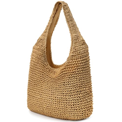 hatisan Bolsa de praia de palha para mulheres bolsa de praia de tecido de verão bolsa de ombro bolsa boho, A cáqui, Large
