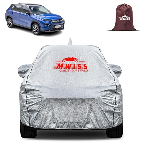 Image of Waterproof Car Body Cover for Urban Cruiser Hyryder | Mirror & Antenna Pocket Anti-Scratch with Soft Cotton Inner Lining Triple Stitched Protection| Heat Resistant | Rain Protection (Silver)