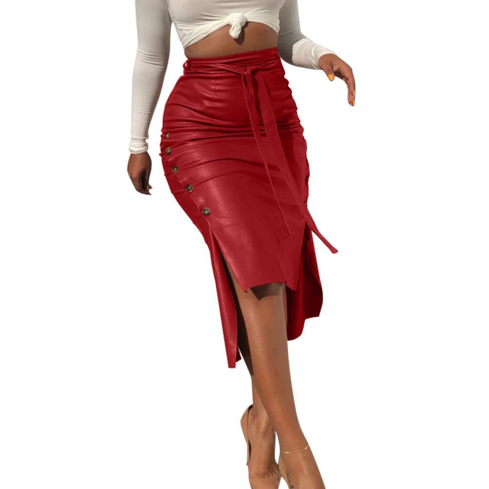 Falda de Cuero para Mujer, Falda Midi Dividida con Botones y Vendaje de Piel sintética for Mujer, Multicolor, Tallas S-XL