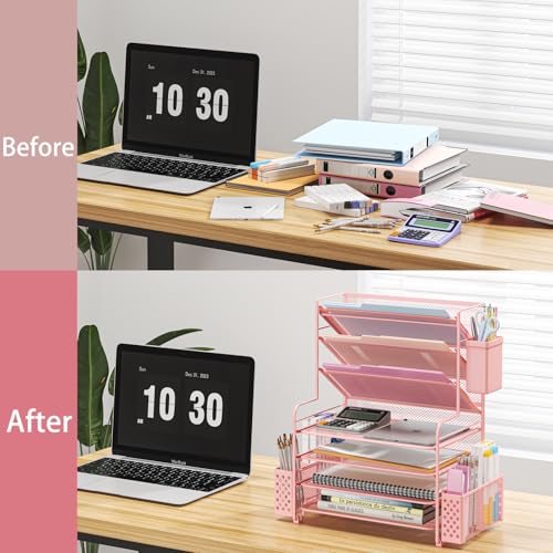 Simple Trending 7 Tier Desk File Organizer, Letter Tray Paper Organizer with Pen Holder and Metal Hanging Basket, Pink - Image 6
