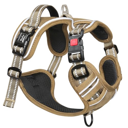 HEELE Hundegeschirr, Brustgeschirre für Hunde, Laufgeschirre Hund mit abschließbarem Schnappverschluss, einstellbare reflektierende Hundegeschirre, Offen am Hals, Anti Zug Dog Harness, Khaki, M