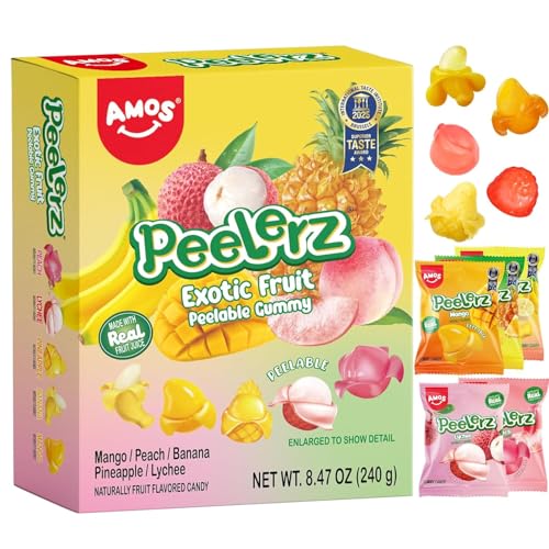 AMOS Peelerz Exotic Fruit Peelable Gummy Candy 5 Fruit Flavors (Mango Peach Banana Pineapple Lychee) 8.47oz (240g) Individually Wrapped (1 box x Mixed flavor) (1 box x Mixed flavor)