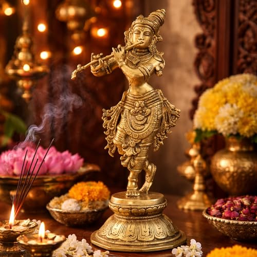 Image of 100% Pure Brass Lord Krishna Idol with Flute (23 cm) | Shree Lord Krishna Statue for Home Decor | Kanha Ji ki Murti for Office Desk | Sri Krishna Idols Gift for House Warming