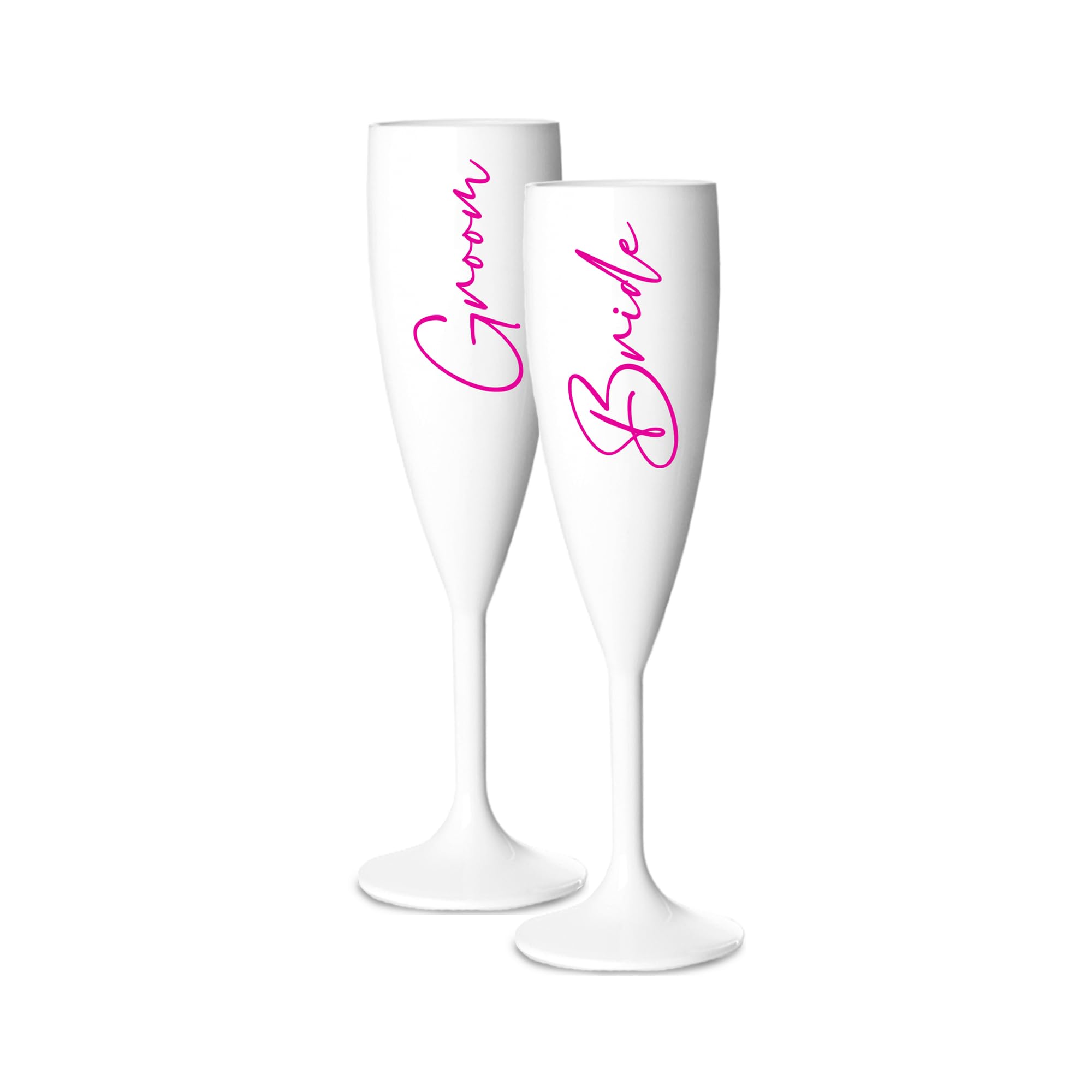 Print Maniacs Champagne Premium White Flute Glass Bride Groom Mr Mrs Wedding Maid Honour Wine Cocktail Prosecco Celebrations Gift (Pink, Bride + Groom Set)