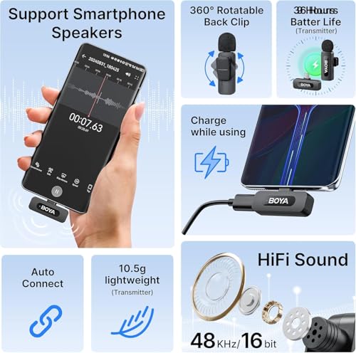 Image of BOYA BY-V10 Wireless Lavalier Microphone for iPhone 15 /16, Android, USB-C Devices - Clip-On Microphone for Youtubers & Video Recording, 328ft Range, 9H Battery, Noise Reduction, Plug & Play