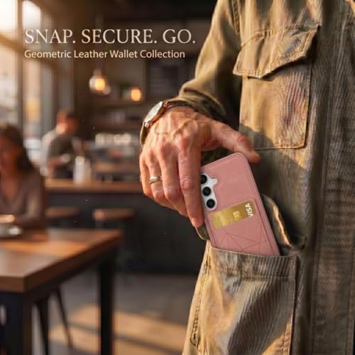 Image of amazon basics Premium Vegan Leather Back Cover with Card Holder and Integrated Mobile Stand for Samsung Galaxy S24FE 5G - Slim Shockproof Wallet Case with Geometric Stitching [Pink]