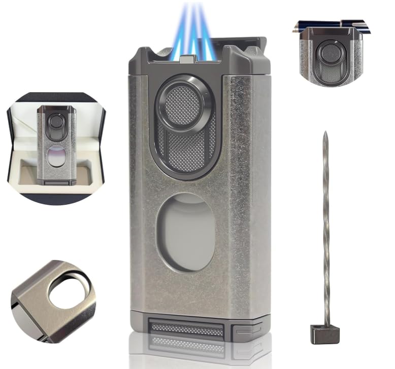 5-in-1 Torch Lighter with Cutter Punch Holder and Draw Enhancer Tool 3 Jet Windproof Flame All-in-one Lighter with