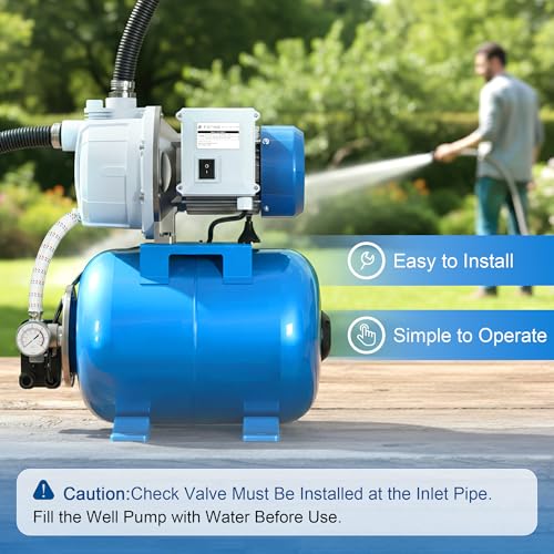 FOTING 1.5HP Shallow Well Pump w/Pressure Tank, 1340GPH Jet Pumps Garden Pump, Water Transfer Draining Irrigation Pumps, Water Booster Jet Pump Stainless Steel for Home Garden Lawn Farm, Blue