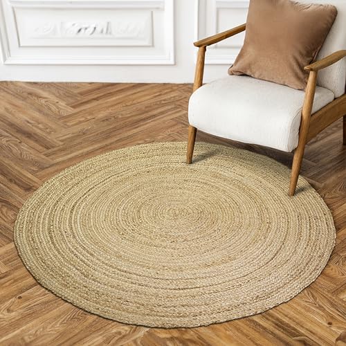 Hausattire Hand Woven Jute Braided Rug, 3’ Round – Natural, Reversible Boho Entry Area Rugs for Kitchen, Living Room I Farmhouse Decorative Floor Rug, 3 Feet Round