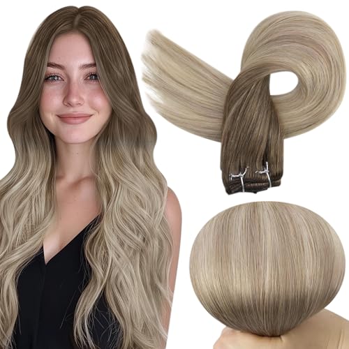 Image of Full Shine Weft Hair Extensions Human Hair 12 Inch 80G, Straight Hair Weft | Brown To Ash Blonde Mix Platinum Blonde, Ombre Sew In extensions, remy Human Hair, Balayage Styling