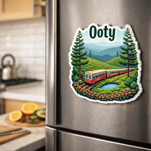 Image of Naxon Ooty Hill Station Theme Souvenir Wooden Fridge Magnet | Nilgiri Hills & Tea Gardens Design 3x3 Inch Refrigerator Magnet for Kitchen & Home Decor | Travel Gift from Ooty Tamil Nadu | Pack of 1