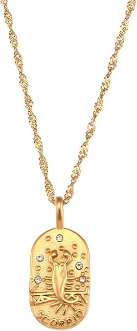 Gold Zodiac Sign Tarot Card Dog Tag Charm Necklace 18K Gold Plated Retro 12 Constellation Pendant Necklaces Trendy Astrology Horoscope Unisex Personalized Jewelry Birthday Gift