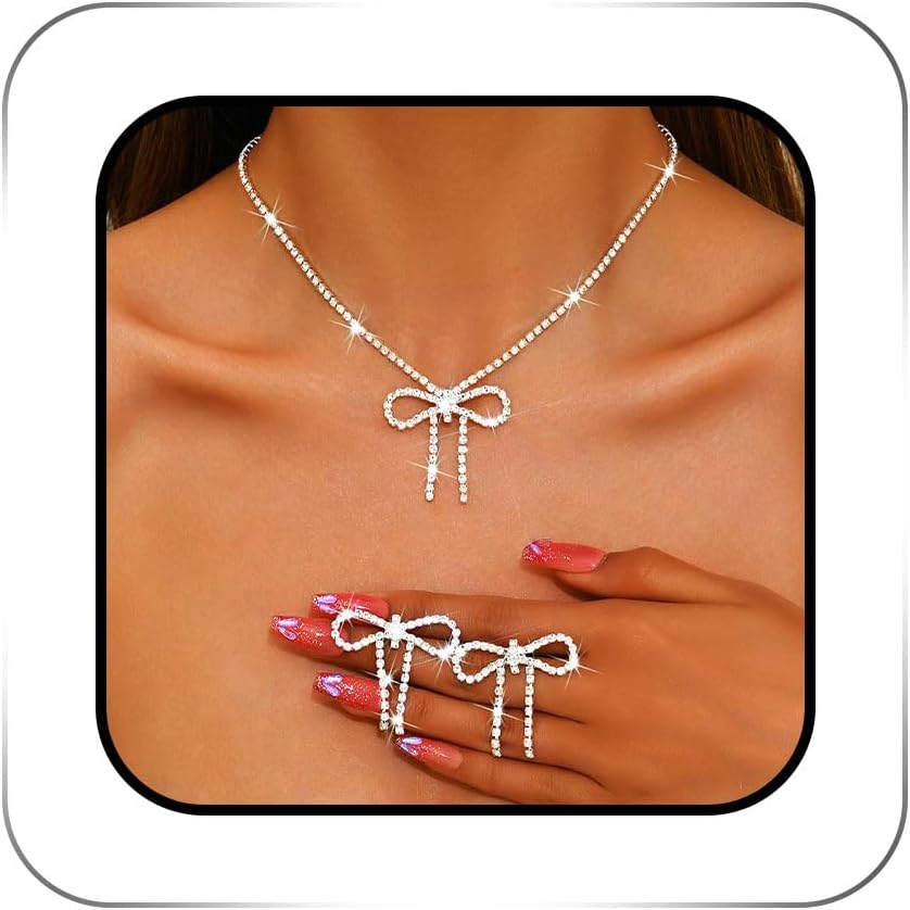 Rhinestone Bow Jewelry Set Silver Sparkly Crystal Bowknot Pendant Necklace Dainty Dangle Prom Earrings Sets for Women