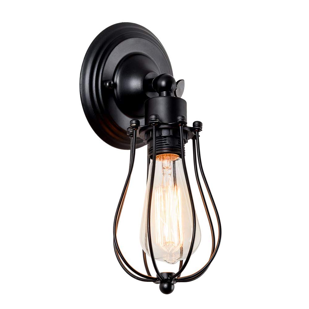 iDEGU Vintage Wall Light, Industrial E27 Lighting Adjustable Socket Wall Sconces Retro Metal Cage Wall Lamp Indoor Retro Light Fixture - Black