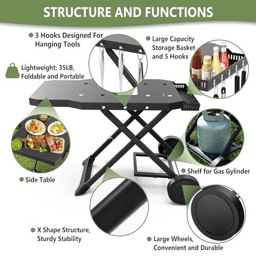 Image of Portable Grill Cart for Blackstone 17 inch & 22 inch Griddle, Foldable Grill Table with Propane Tank Holder, Outdoor Portable BBQ Grill Stand for Backyard, Camping, Tailgating
