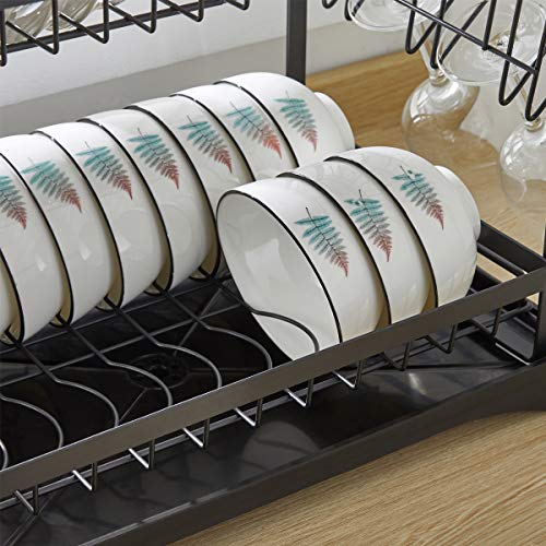 Dish Drying Rack, 2-Tier Dish Rack and Drain Board Set, Kitchen Organizer with Swivel Spout, Utensil Holder, Cup Holder and Dish Drainer for Kitchen Counter (Black)