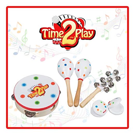 Time2Play Wooden Musical Instruments for Toddlers, Children & Babies Includes 2 Maracas, 1 Tambourine, 2 Castanets, 1 Hand Bell Perfect Music Toys to Create a Wonderful Family Band