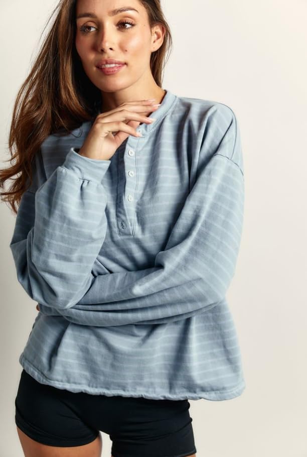 Image of Almere Oversized Cotton Henley Longsleeve Tee, Striped Button Down, Boyfriend Fit