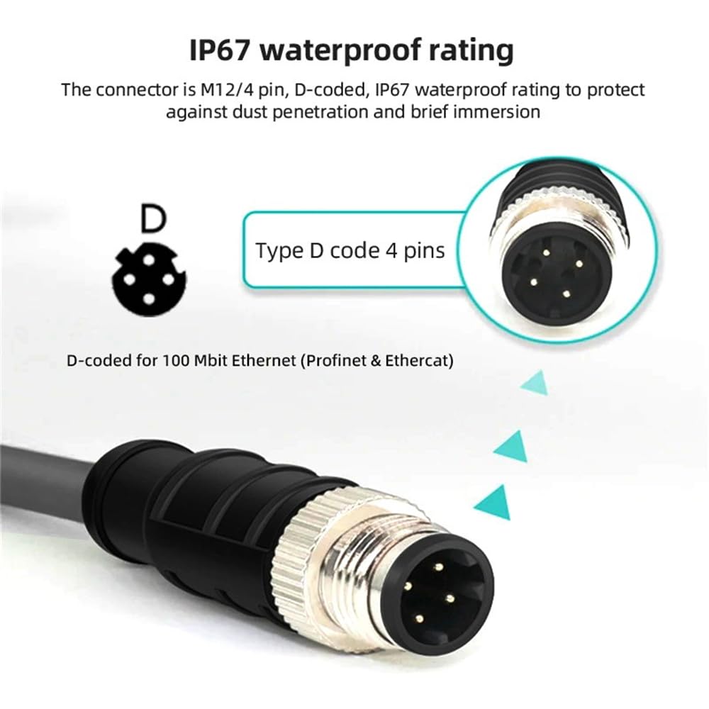 xiwai Cable de conexión M12 de 4 pines codificado en D tipo D macho a RJ45 macho Cat5e IP67 LAN Ethernet Network Industrial Aplicaciones Cable 1 m