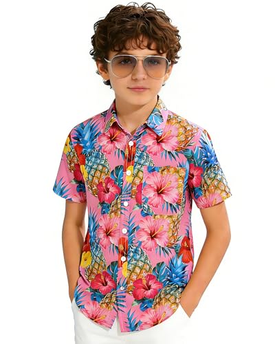 ROSEGIN Boys Hawaiian Shirts Short Sleeve Tropical Button Down Kids Luau Beach Aloha Vacation Shirt Wrinkle Free Soft Breathable Fabric for 6-14 Years 11-12 Years
